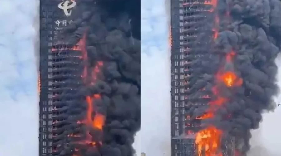 Fire engulfs office tower in southern Chinese