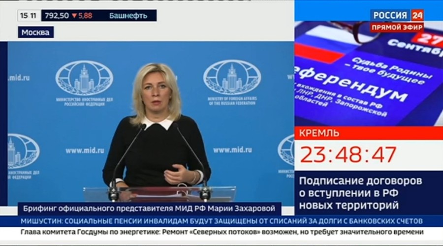 On state TV channel Russia 24, a countdown clock to President Vladimir Putin’s annexation of four territories from Ukraine features prominently