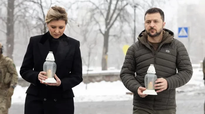 Volodymyr Zelenskiy and his wife, Olena, have been pictured attending a commemoration ceremony in Kyiv