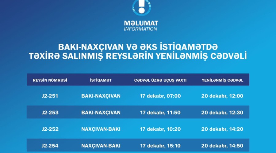 AZAL unveils new schedule of postponed Nakhchivan flights