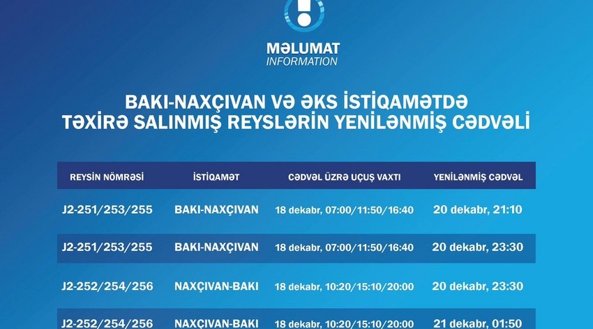 AZAL: "Bakı-Naxçıvan-Bakı marşrutu üzrə dekabrın 18-də təxirə salınmış reyslər bu gün yerinə yetiriləcək"