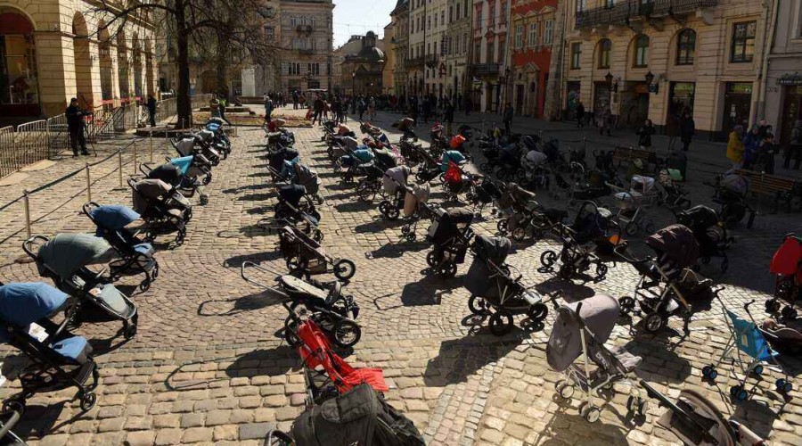 Empty prams in Lviv represent children killed in war