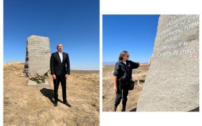 Ilham Aliyev and Mehriban Aliyeva visited the commemorative plaque dedicated to Memorial Day in Karakhanbeyli