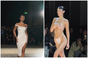 Мода будущего: Беллу Хадид одели в «жидкое» платье прямо на подиуме - ВИДЕО