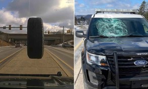 Watch: runaway tire smash police cruiser windshield.